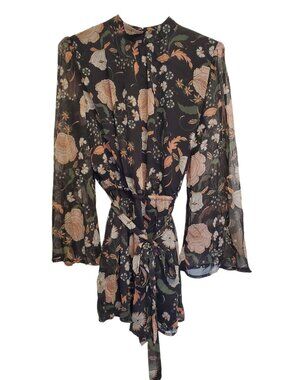 BB Dakota Tullia Floral Long Sleeve Boho Black Sheer Romper Size M
